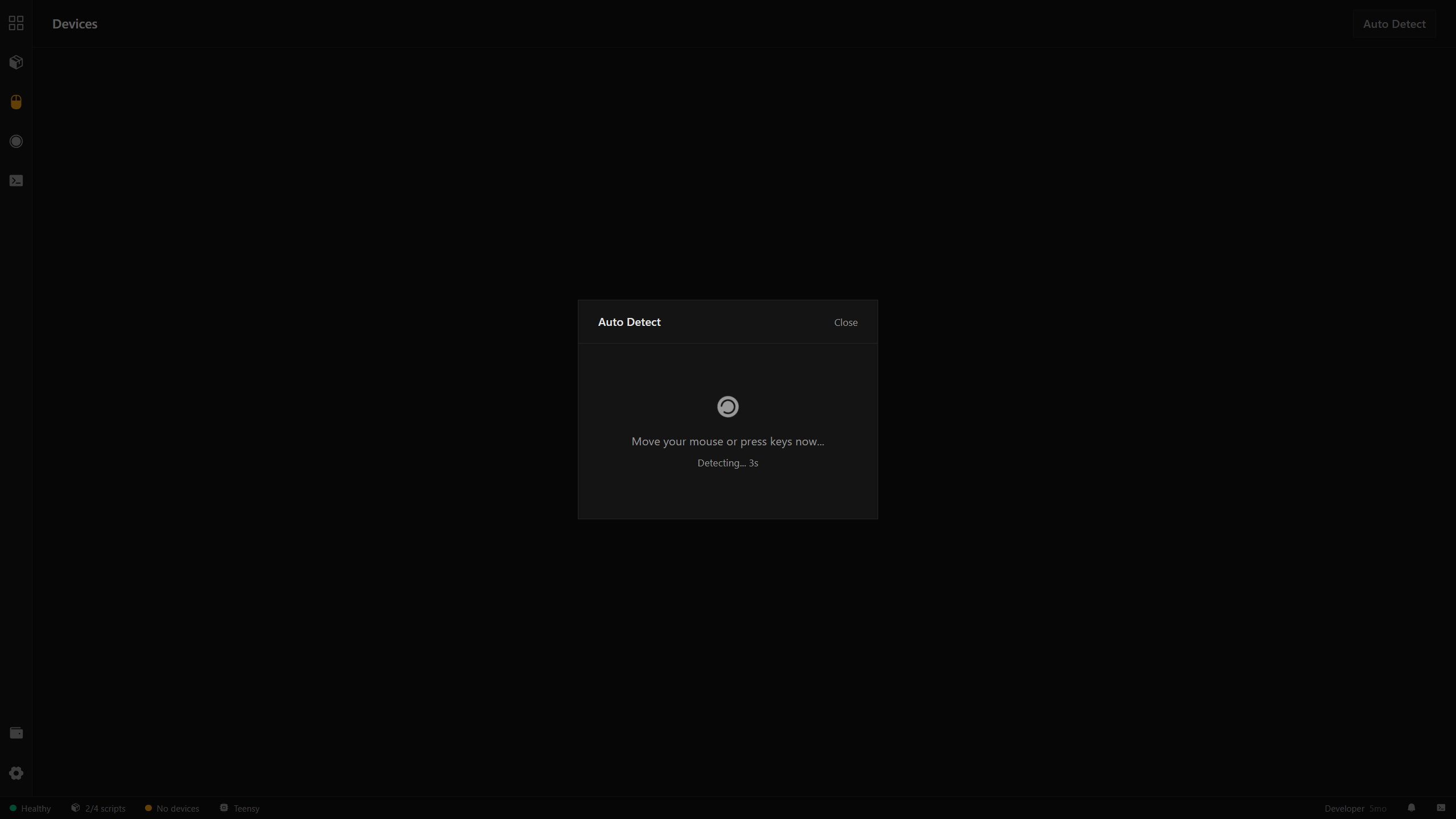 Auto Detect dialog showing a spinner and “Detecting… 3s” countdown