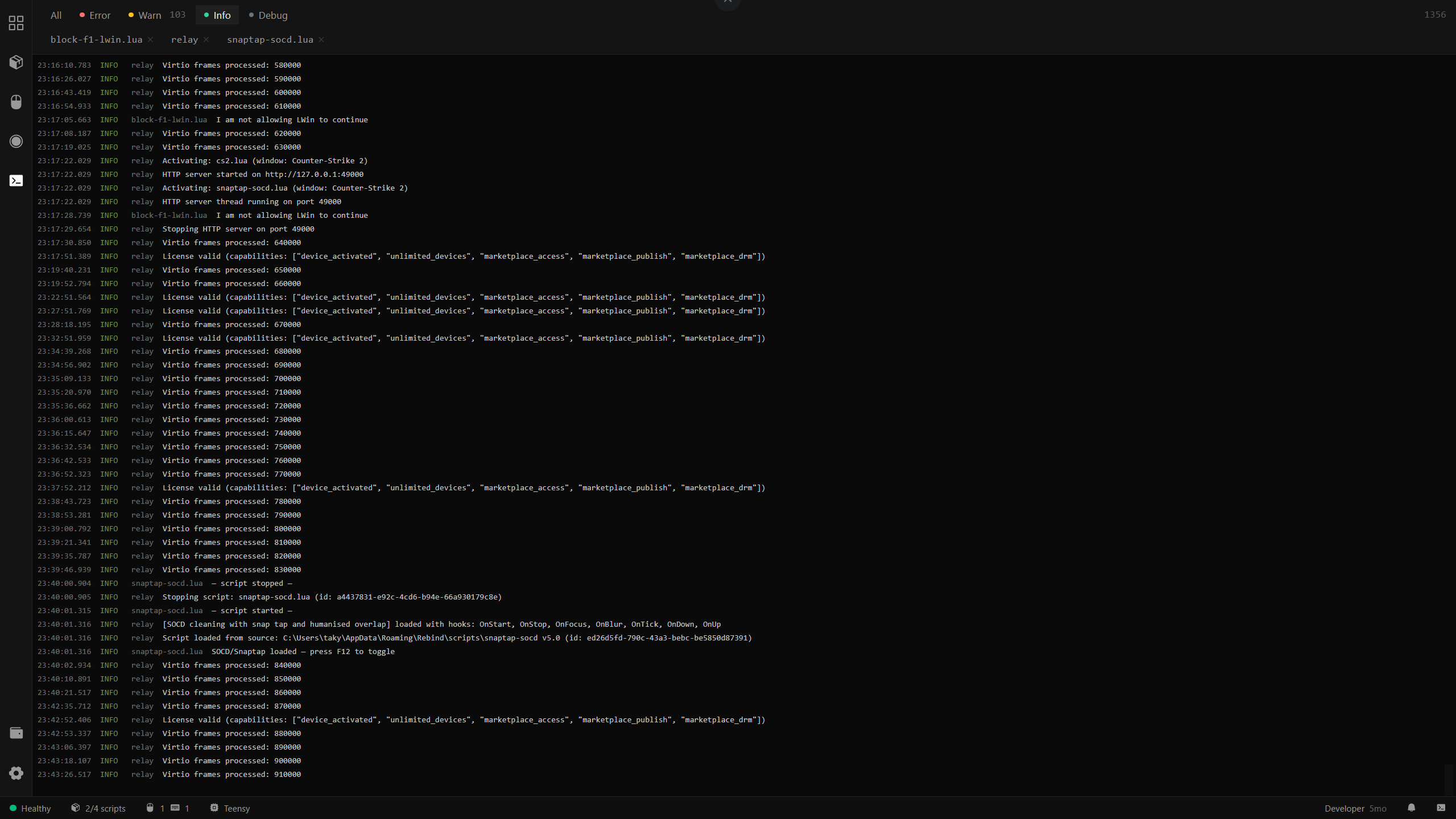 Logs view showing timestamped INFO entries from relay and scripts with filter tabs