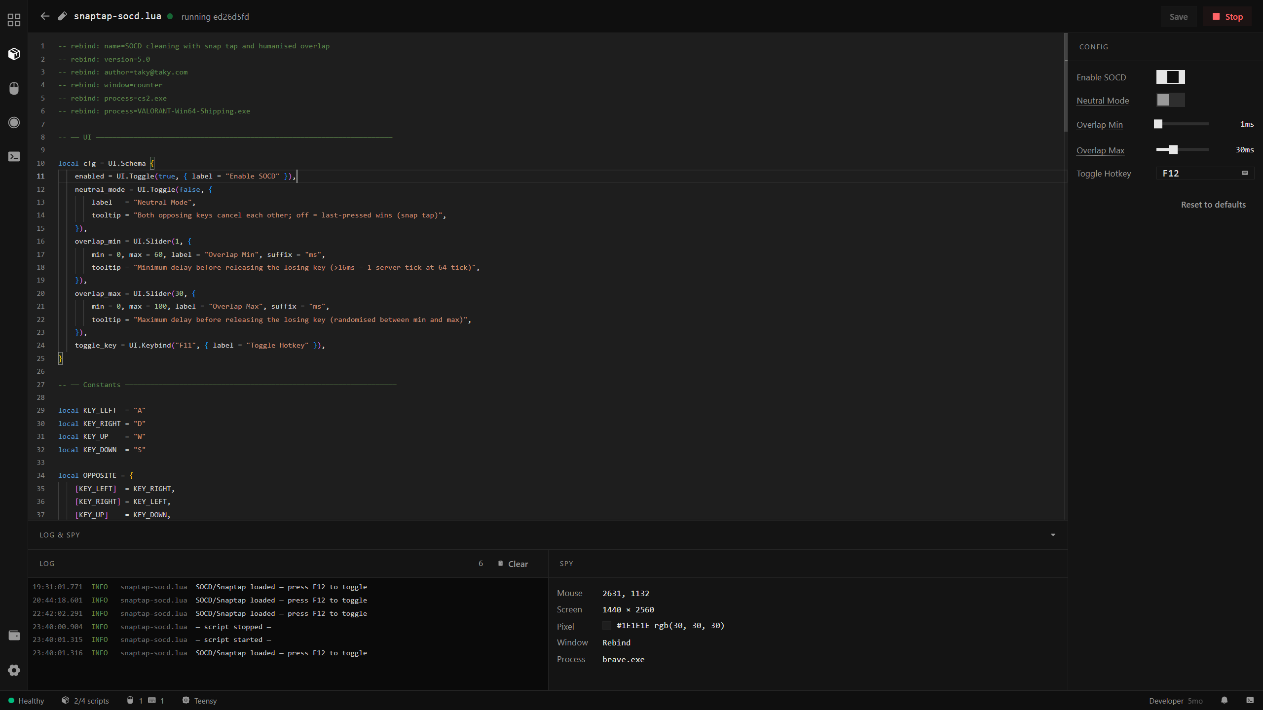 Script editor showing snaptap-socd.lua with the CONFIG panel, log stream, and spy panel